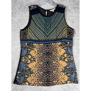Cabi Womens Top Size L Sleeveless Sheer Cheetah Print Geometric V‎ Neck